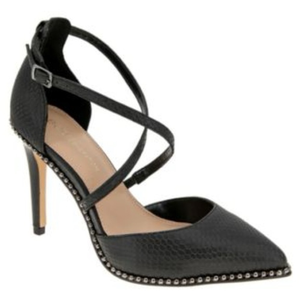 BCBGENERATION Black Leather Studded Halley Pumps with Straps Closed Pointed Toes